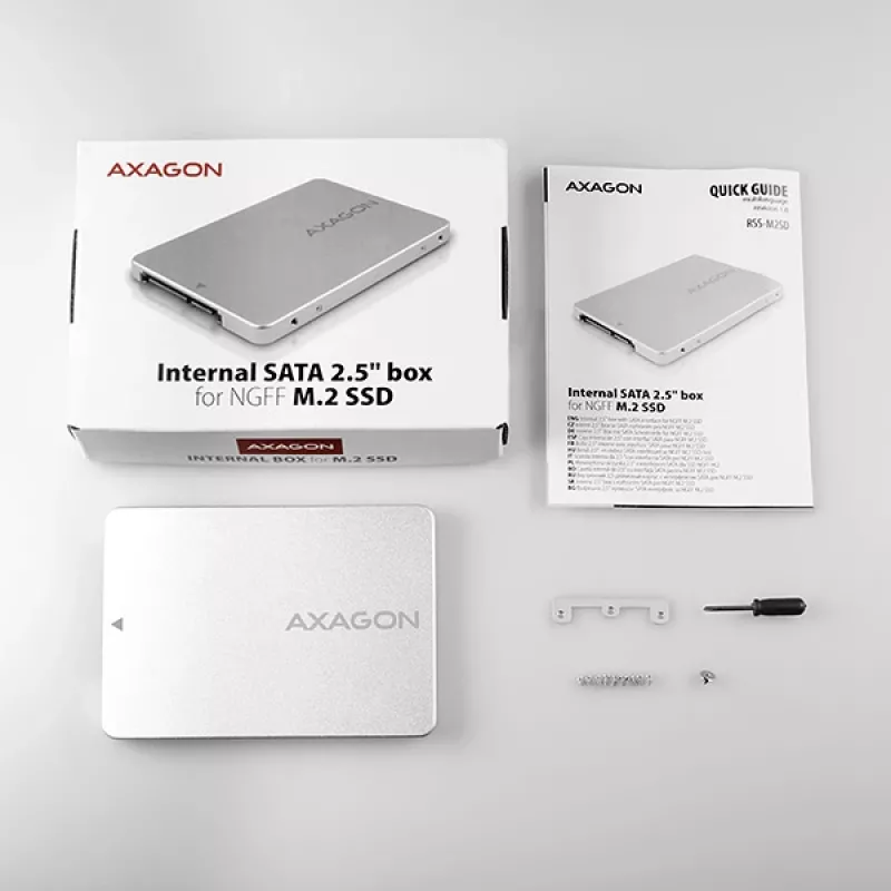Axagon RSS-M2SD iekšējais 2,5 collu alumīnija korpuss SATA M.2 SSD diskiem, sudraba