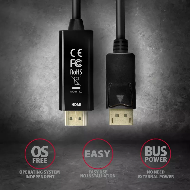 Axagon RVD-HI14C2 DisplayPort -> HDMI 1.4 kabelis 1,8m, 4K/30Hz