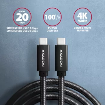 Axagon BUCM32-CM10AB SPEED+ USB-C 20Gbps/100W kabelis 1m