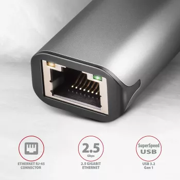 2.5 Gigabit Ethernet adapteris AXAGON ADE-25R — USB Type-C, 10/100/1000/2500 Mbit, 5000 Mbit/s, alumīnijs, pelēks