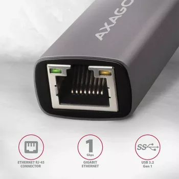 AXAGON USB 3.2 Gen 1 Type-A uz Gigabit Ethernet adapteris ADE-TR — 10/100/1000 Mbps, metāla titāna pelēks, 5000 Mbit/s
