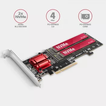 Axagon PCEM2-ND PCIe x8 - divu M.2 NVMe M-key slotu adapteris, RAID, datu pārslēgšana, ar SP un LP