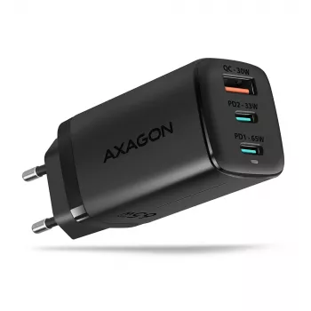Axagon ACU-DPQ65 GaN sienas lādētājs 65W, 3x ports (USB-A + divi USB-C), PD3.0/QC4+/PPS/Apple