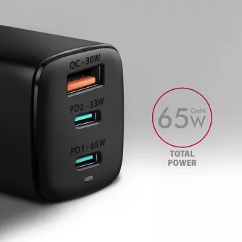 Axagon ACU-DPQ65 GaN sienas lādētājs 65W, 3x ports (USB-A + divi USB-C), PD3.0/QC4+/PPS/Apple