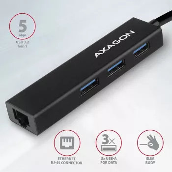 Axagon HMA-GL3A Daudzportu centrmezgls USB 3.0 A tipa Gbit-LAN 3x USB-A microSD Vadu USB 3.2 Gen 1 (3.1 Gen 1) A tipa Melns