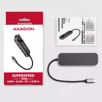 Axagon HMC-6GL USB 3.2 Gen 1 centrmezgls, 3x USB-A, HDMI 4K/30Hz, RJ-45, PD 100W, 20cm USB-C kabelis