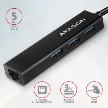 USB-C centrmezgls Axagon HMC-GL3A 3x USB-A Gbit-LAN Melns