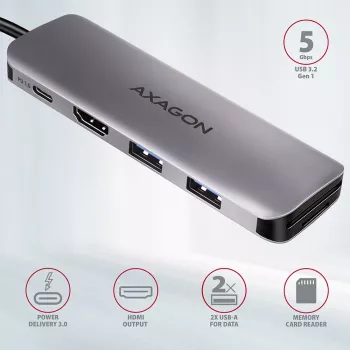 Axagon HMC-5 USB 3.2 Gen 1 centrmezgls, 2x USB-A, HDMI, SD/microSD, PD 100W, 20cm USB-C kabelis