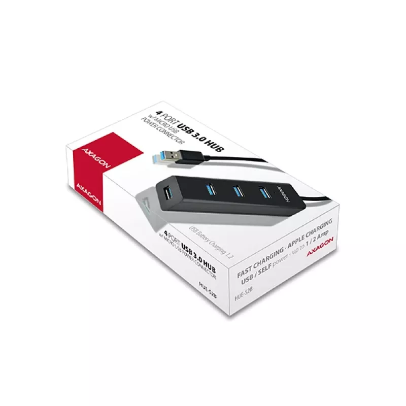 Axagon HUE-S2B 4 portu USB 3.0 ātrās uzlādes centrmezgls ar micro USB barošanu