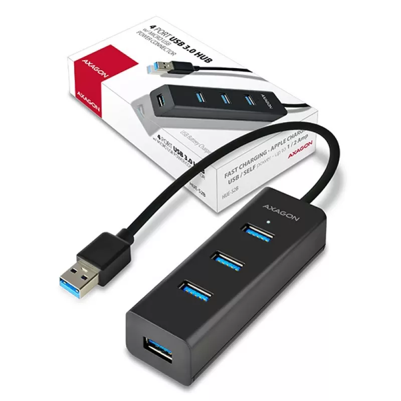 Axagon HUE-S2B 4 portu USB 3.0 ātrās uzlādes centrmezgls ar micro USB barošanu