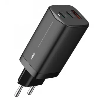 Mobilās ierīces lādētājs IBOX ILUC65B — 65 W, 3x USB (2x USB‑A Gen1, 1x USB‑C), melns, 100–240 V