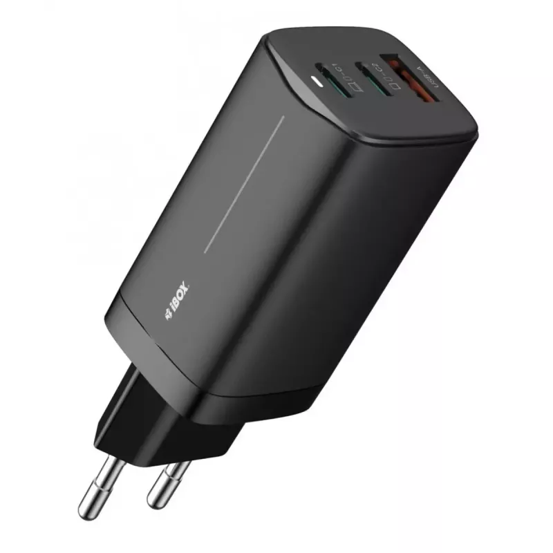 iBOX C-65 ILUC65B – GaN 65 W lādētājs, 2x USB-C + 1x USB-A, melnā krāsā