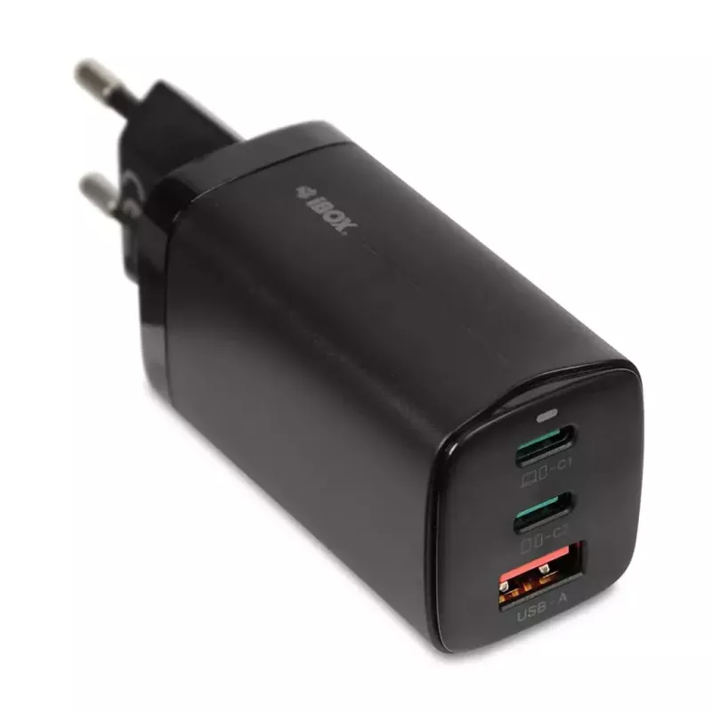 iBOX C-65 ILUC65B – GaN 65 W lādētājs, 2x USB-C + 1x USB-A, melnā krāsā