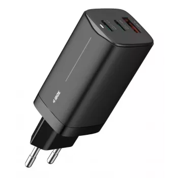 Mobilās ierīces lādētājs IBOX ILUC65B — 65 W, 3x USB (2x USB‑A Gen1, 1x USB‑C), melns, 100–240 V