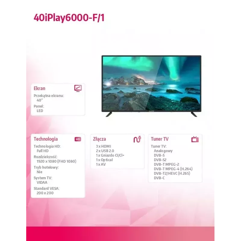 LED televizors Allview 40iPlay6000-F/1 40 collas (101 cm) FHD, VIDAA, Wi‑Fi, HDMI, USB, melns