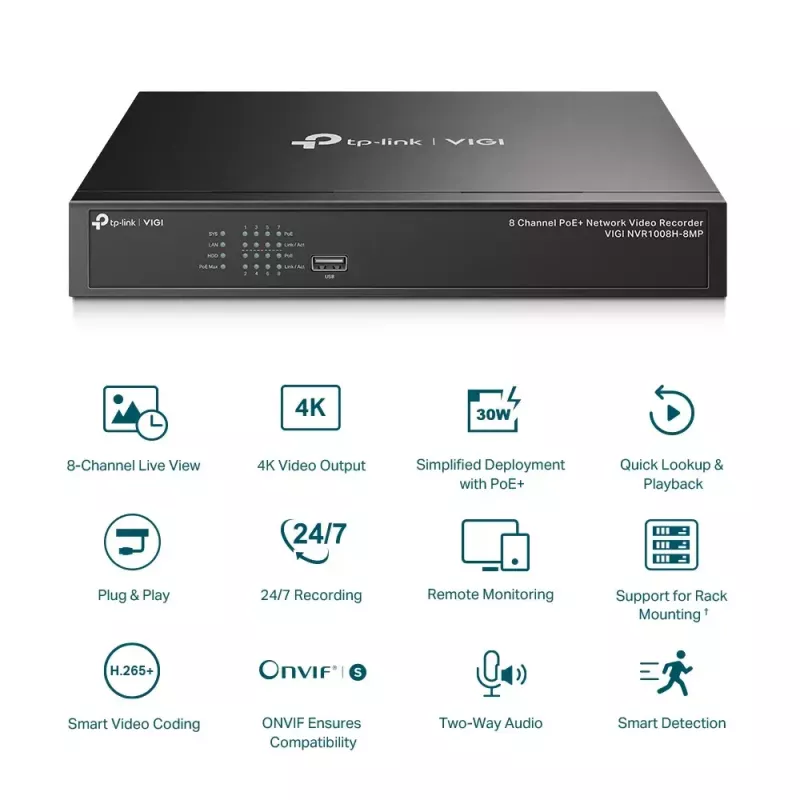 TP-Link VIGI NVR1008H-8MP 8 kanālu PoE+ tīkla video reģistrators