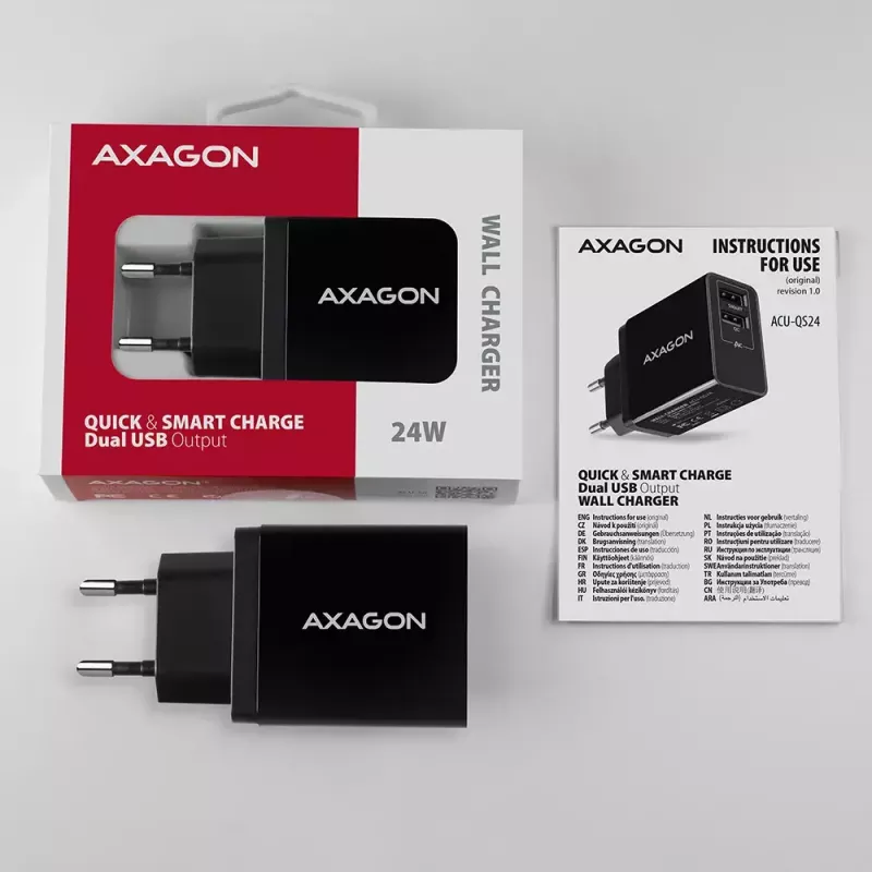 Axagon ACU-QS24 sienas lādētājs, 2x USB ports QC3.0/AFC/FCP + 5V-1.2A, 24W