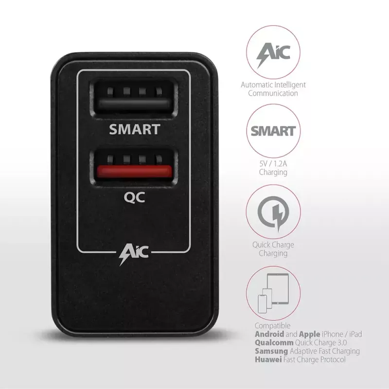Axagon ACU-QS24 sienas lādētājs, 2x USB ports QC3.0/AFC/FCP + 5V-1.2A, 24W