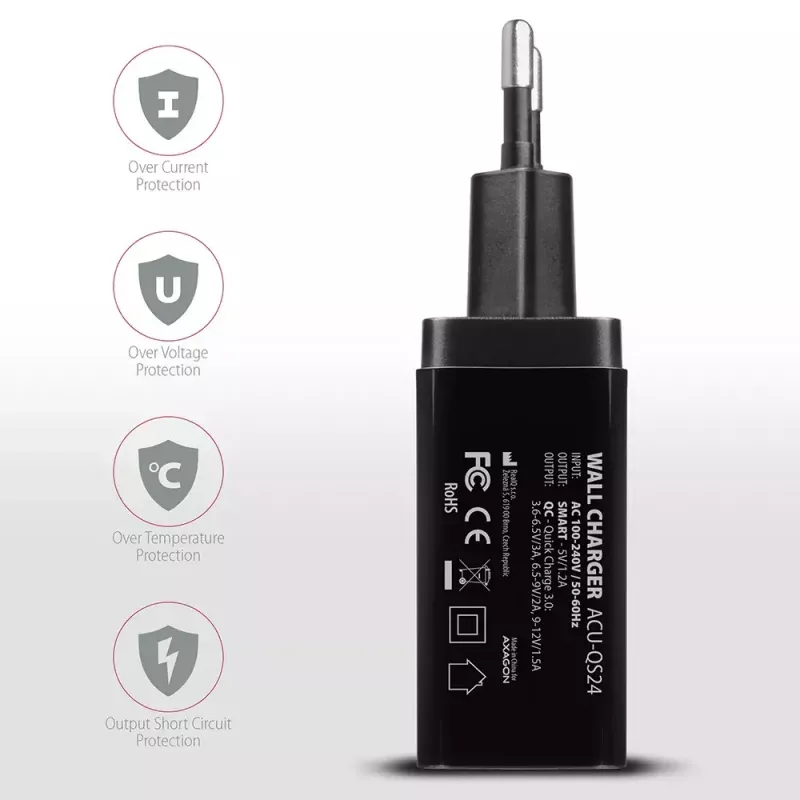 Axagon ACU-QS24 sienas lādētājs, 2x USB ports QC3.0/AFC/FCP + 5V-1.2A, 24W