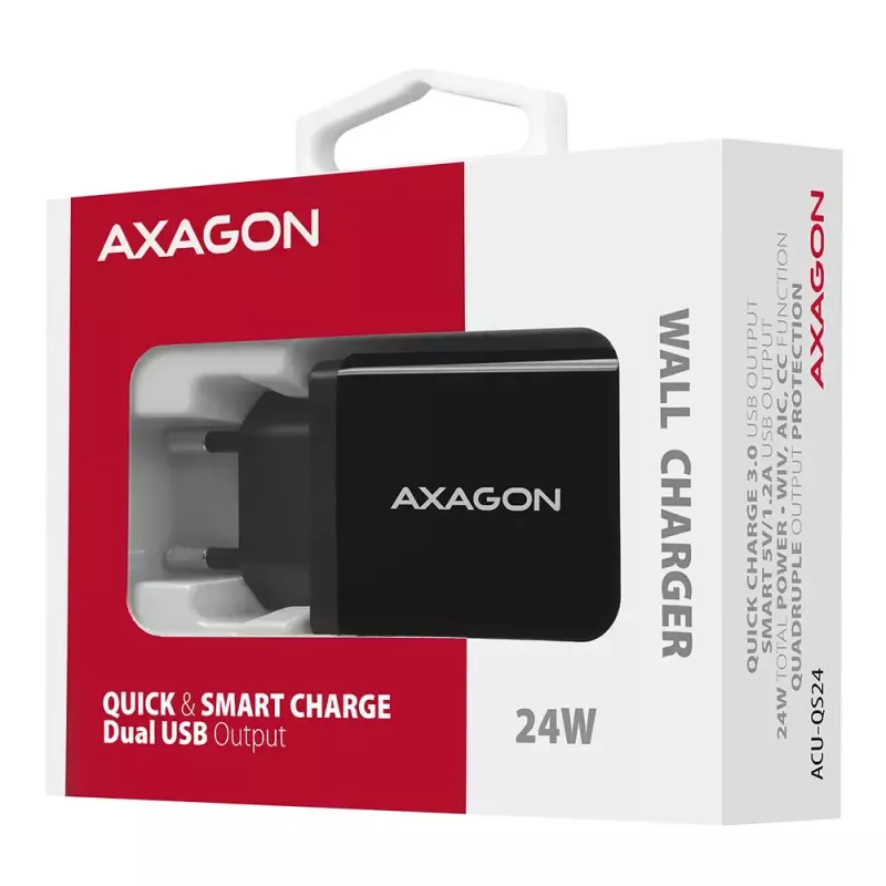 Axagon ACU-QS24 sienas lādētājs, 2x USB ports QC3.0/AFC/FCP + 5V-1.2A, 24W