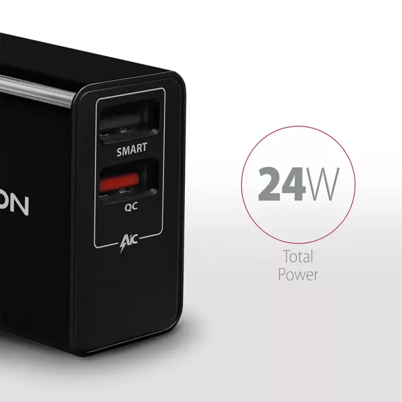 Axagon ACU-QS24 sienas lādētājs, 2x USB ports QC3.0/AFC/FCP + 5V-1.2A, 24W
