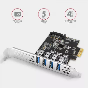Axagon PCEU-43RS PCIe karte - 4x USB 5 Gbps porti, dubultā barošana, Renesas PD720201, SP & LP