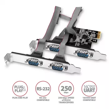 Axagon PCEA-S4N PCIe adapteris – 4 seriālie porti RS-232, 250 kbps, ar standarta un zema profila stiprinājumu