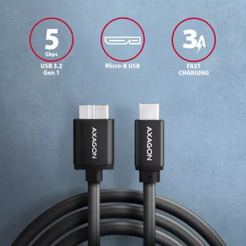 USB kabelis Axagon BUMM3-CM10AB Micro-USB B uz USB-C 1m Melns