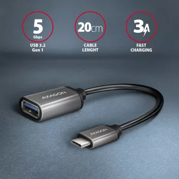 Axagon RUCM-AFAC kabeļa adapteris USB-C (vīrišķais) -> USB-A (sieviešu), 20cm, USB 3.2 Gen 1, 3A, ALU