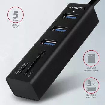 Axagon HMA-CR3A Metāla USB 3.2 Gen 1 daudzportu centrmezgls ar trim USB portiem un karšu lasītāju
