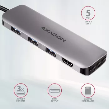 Axagon HMC-HCR3A 3x USB-A + HDMI + SD/microSD USB-C 3.2 Gen 1 centrmezgls 20cm Vadu USB 3.2 Gen 1 (3.1 Gen 1) Type-C Pelēks