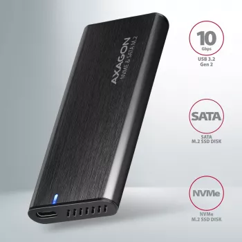 Axagon EEM2-SB2 ārējā USB-C 3.2 Gen 2 metāla kaste M.2 NVMe un SATA SSD diskiem