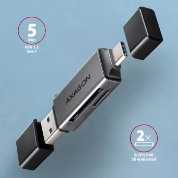 Axagon CRE-DAC USB-C+ USB-A 5 Gbps MINI 2 slotu SD/microSD karšu lasītājs USB 3.0 Type-A/Type-C Pelēks