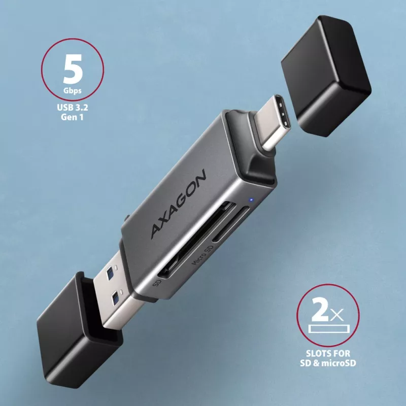 Axagon CRE-DAC USB-C+ USB-A 5 Gbps MINI 2 slotu SD/microSD karšu lasītājs USB 3.0 Type-A/Type-C Pelēks