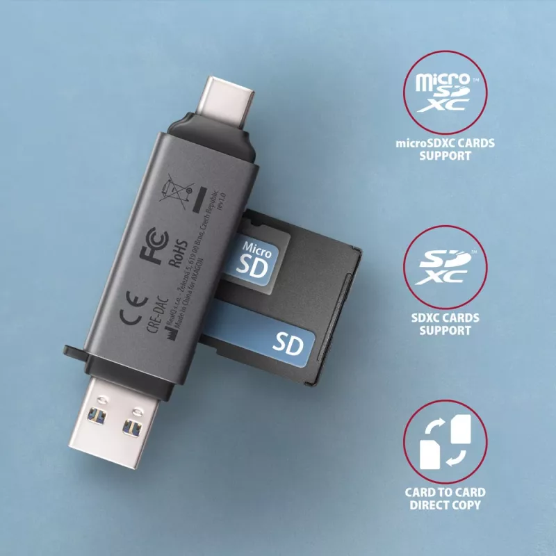Axagon CRE-DAC USB-C+ USB-A 5 Gbps MINI 2 slotu SD/microSD karšu lasītājs USB 3.0 Type-A/Type-C Pelēks