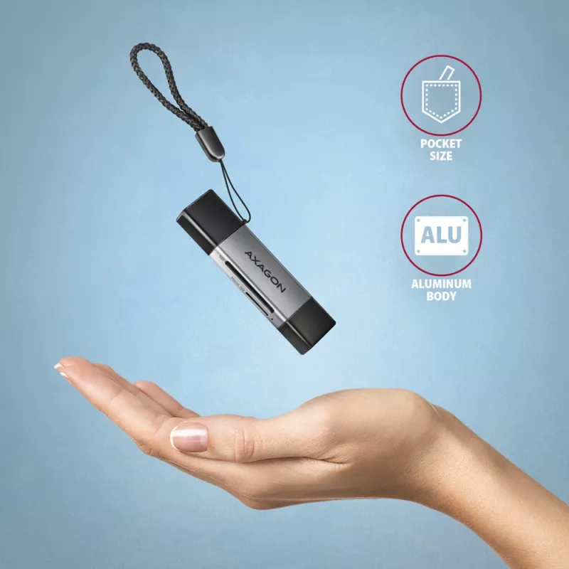 Axagon CRE-DAC USB-C+ USB-A 5 Gbps MINI 2 slotu SD/microSD karšu lasītājs USB 3.0 Type-A/Type-C Pelēks