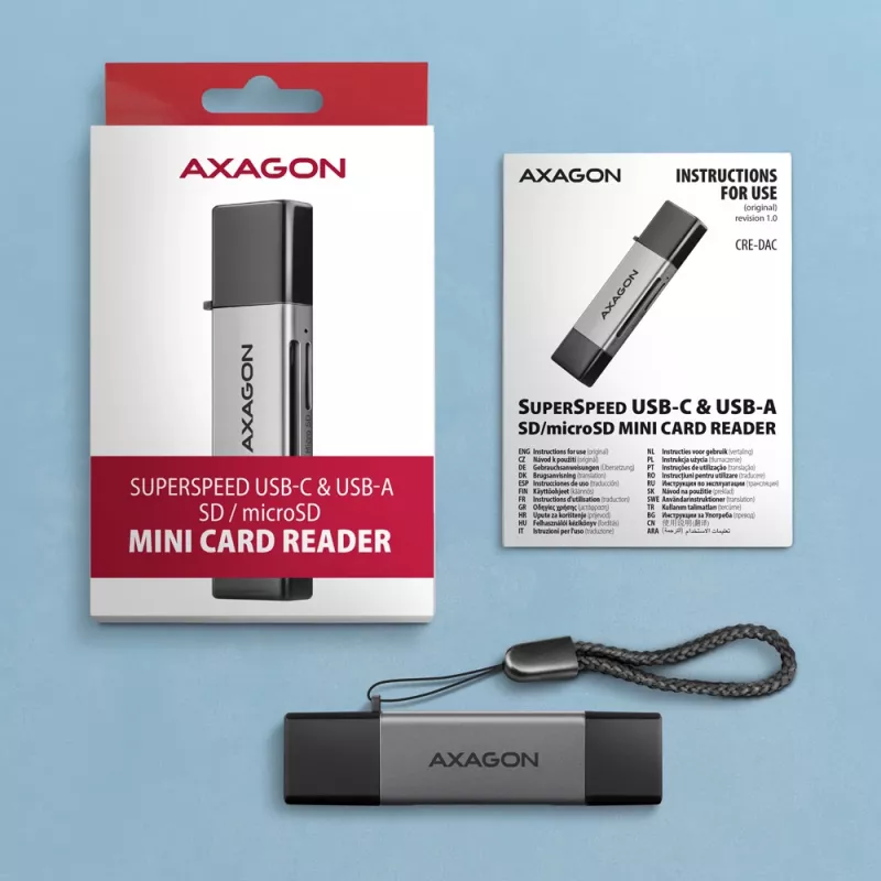 Axagon CRE-DAC USB-C+ USB-A 5 Gbps MINI 2 slotu SD/microSD karšu lasītājs USB 3.0 Type-A/Type-C Pelēks