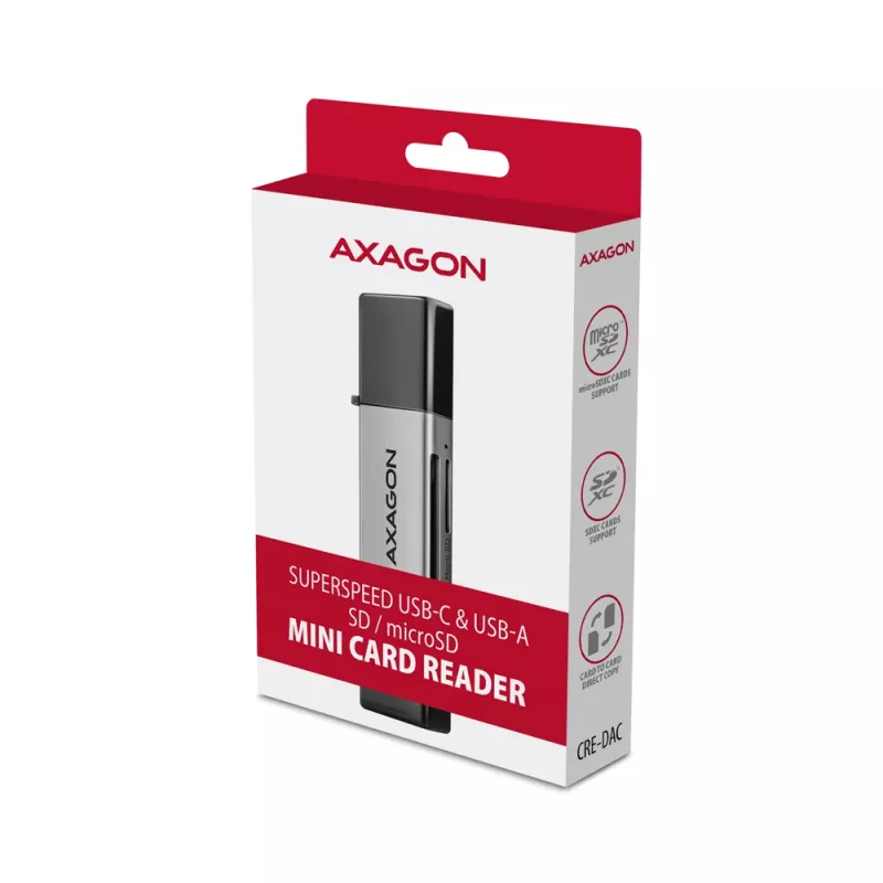 Axagon CRE-DAC USB-C+ USB-A 5 Gbps MINI 2 slotu SD/microSD karšu lasītājs USB 3.0 Type-A/Type-C Pelēks
