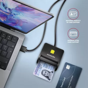 Axagon CRE-SM3N USB-A viedkaršu/ID karšu plakanlasītājs, USB 2.0, 1.3 m, Melns, 57 g