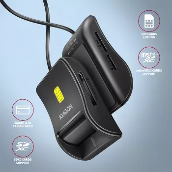 Axagon CRE-SM3SD viedkaršu lasītājs ar SD/microSD/SIM slotiem, USB 2.0, melns