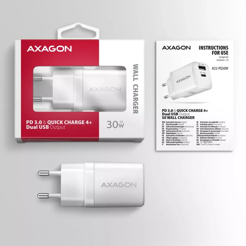 Lādētājs Axagon ACU-PQ30W QC3.0 30W USB-C Balts