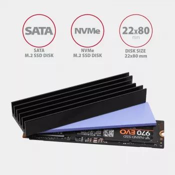 Axagon CLR-M2L10 Pasīvais alumīnija dzesētājs M.2 SSD diskiem, izmērs 2280, augstums 10 mm