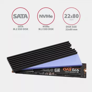 Axagon CLR-M2L3 pasīvais alumīnija radiators visiem M.2 SSD, izmērs 2280, augstums 3 mm