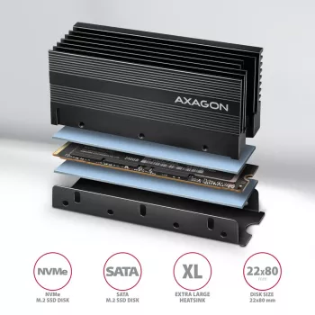 Axagon CLR-M2XL Pasīvais alumīnija radiators vienpusējiem un divpusējiem M.2 SSD diskiem, izmērs 2280, augstums 36 mm