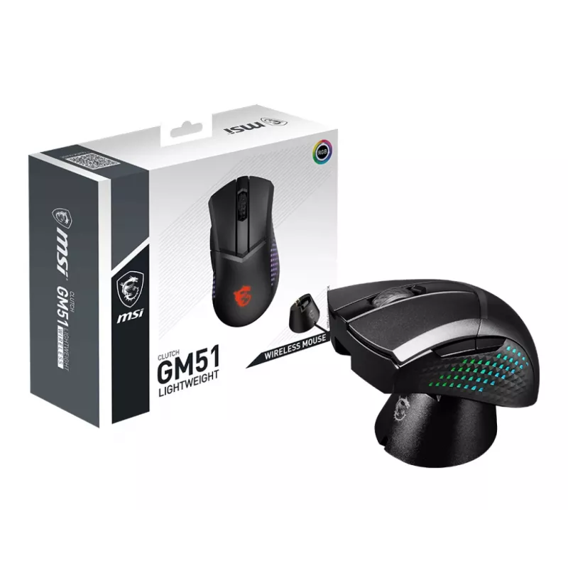 MSI CLUTCH GM51 LIGHTWEIGHT WIRELESS pele Gaming Labā roka RF Bezvadu + Bluetooth + USB Type-C Optiskā 26000 DPI