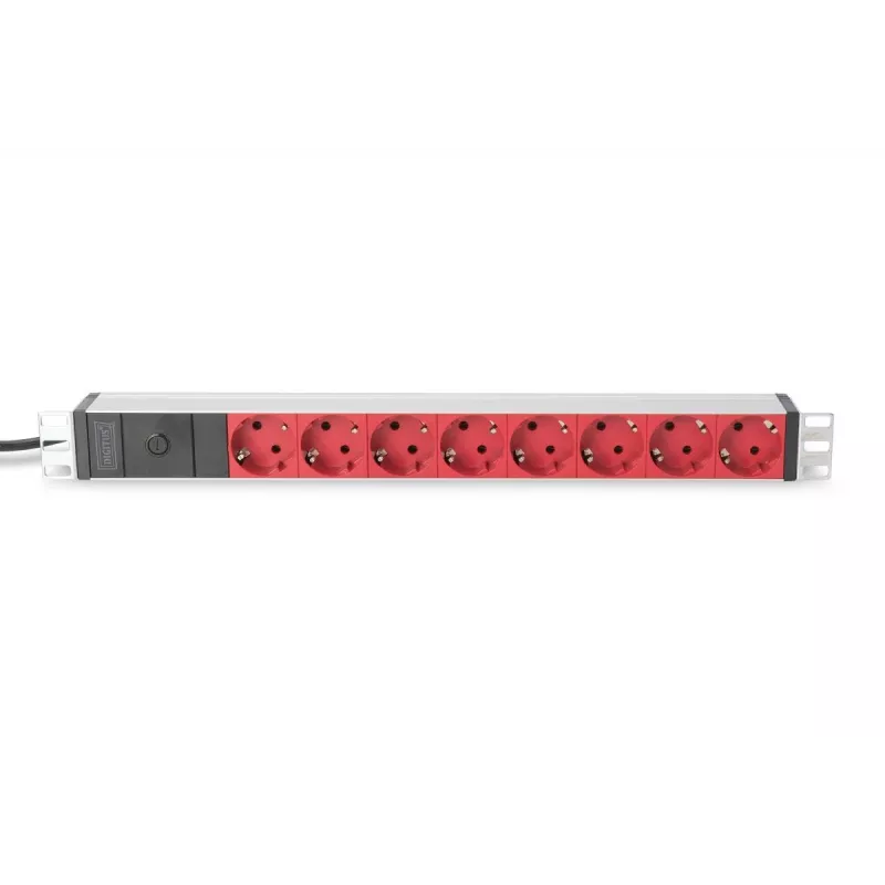 DIGITUS 1U Alumīnija PDU, statīvam 10A Kontaktdakša, 250VAC 50/60Hz, 8x Sarkana CEE 7/7 ligzda ar drošinātāju, IEC C14 spraudnis