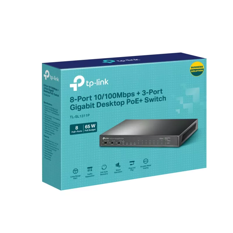 TP-Link 8 portu 10/100Mbps + 3 portu Gigabit darbvirsmas slēdzis ar 8 portu PoE+