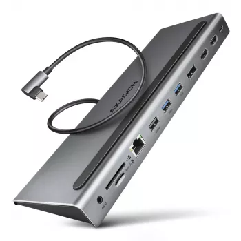 Docking stacija Axagon HMC-4KX3 USB-C 5Gbps centrmezgls, 3x USB-A, 2x HDMI, DP, RJ-45, SD/microSD, audio, PD 100W, kabelis 40cm