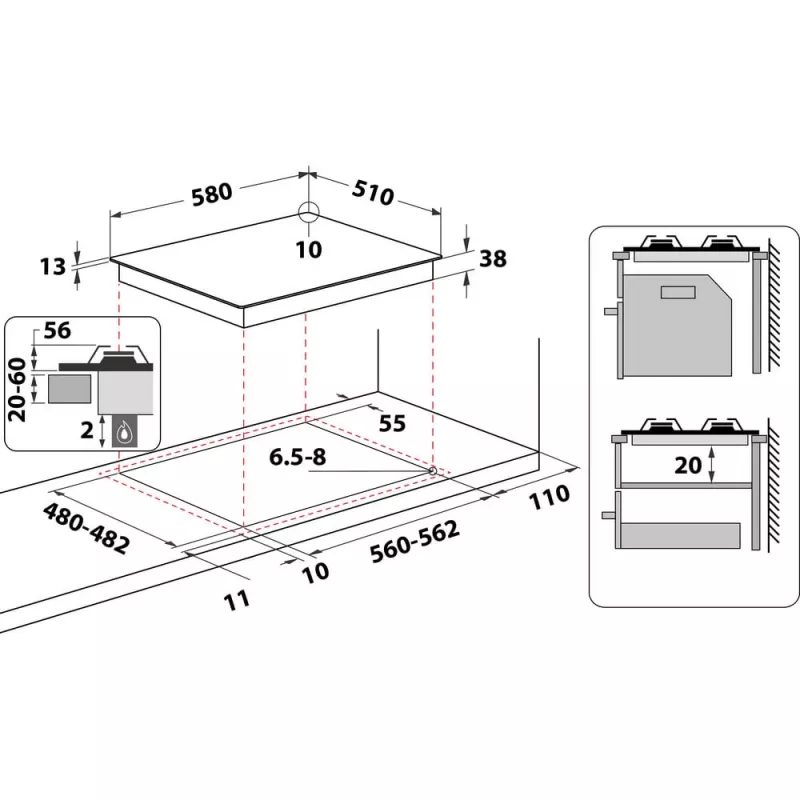 Whirlpool TGML 661 IX R Iebūvējamā gāzes plīts virsma, nerūsējošais tērauds, 58 cm, 4 zonas