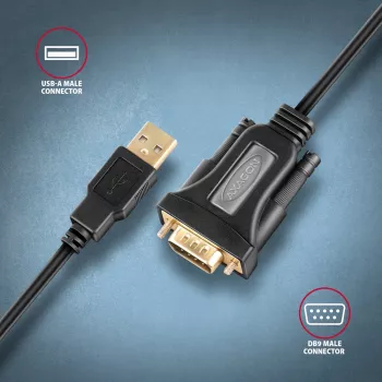 Axagon ADS-1PQN USB-A 2.0 – RS-232 DB9-M adaptera kabelis 1.5m FTDI